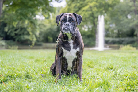 beautiful 3 years old purebred golden brown boxer dog puppy jumping playing outdoor shootingの写真素材