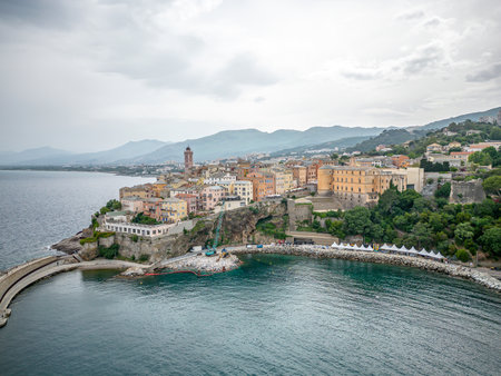 Aerial view of the Citadel of Bastia in the north of Corsica island - Genoese city overlooking the Mediterranean Seaの写真素材