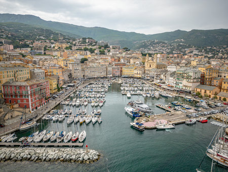 Aerial view of the Citadel of Bastia in the north of Corsica island - Genoese city overlooking the Mediterranean Seaの写真素材