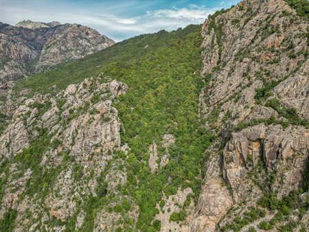 Corse, France Corsica marine french island Mediterranean Sea with hights mountains peak famous GR20 pathの写真素材