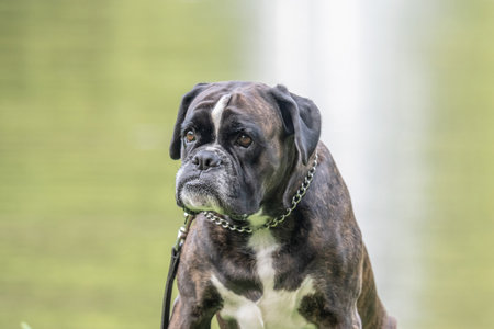 beautiful 3 years old purebred golden brown german boxer dog puppy jumping playing outdoor shooting