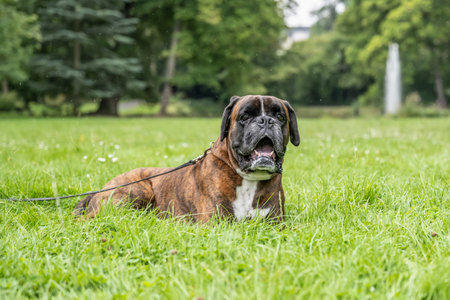 beautiful 3 years old purebred golden brown german boxer dog puppy jumping playing outdoor shootingの写真素材