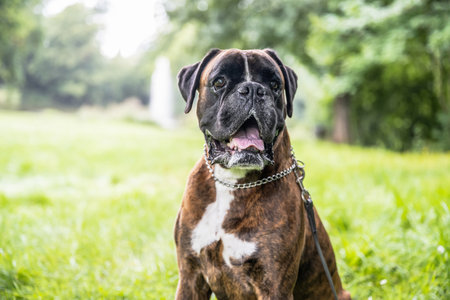 beautiful 3 years old purebred golden brown german boxer dog puppy jumping playing outdoor shootingの写真素材