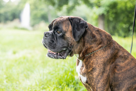 beautiful 3 years old purebred golden brown boxer dog puppy playing outdoorの写真素材