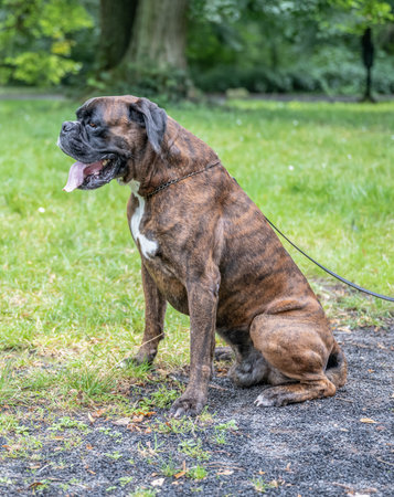 beautiful 3 years old purebred golden brown boxer dog puppy playing outdoorの写真素材