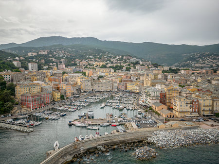 Aerial view of the Citadel of Bastia in the north of Corsica island - Genoese city overlooking the Mediterranean Seaの写真素材