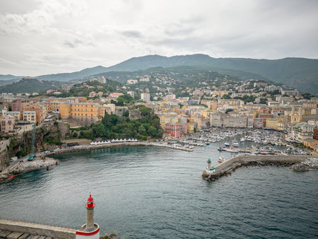 Aerial view of the Citadel of Bastia in the north of Corsica island - Genoese city overlooking the Mediterranean Seaの写真素材