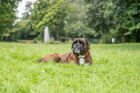 beautiful 3 years old purebred golden brown boxer dog puppy playing outdoorsの写真素材