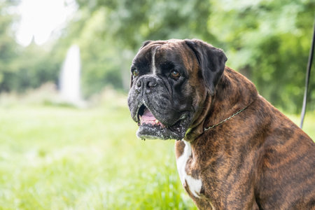 beautiful 3 years old purebred golden brown boxer dog puppy playing outdoorの写真素材