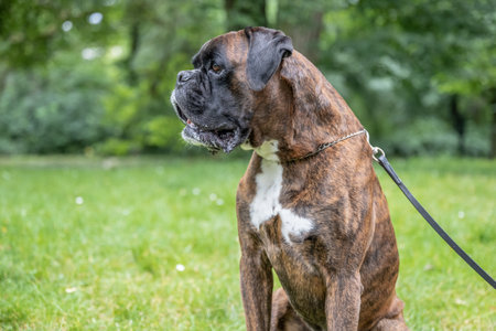 beautiful 3 years old purebred golden brown boxer dog sitting on grass outdoorsの写真素材
