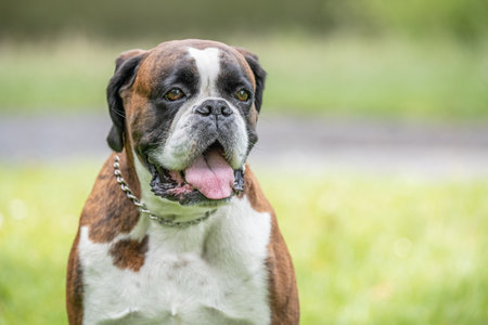 beautiful 3 years old purebred golden brown german boxer dog puppy jumping playing outdoor shootingの写真素材