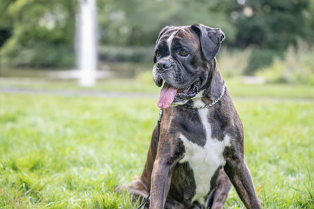 beautiful 3 years old purebred golden brown german boxer dog puppy jumping playing outdoor shootingの写真素材