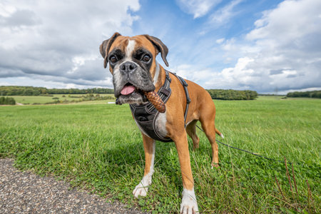 Playful young purebred boxer dog puppy playing outdoor on a sunny dayの写真素材