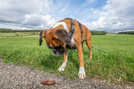 Young purebred boxer dog puppy playing outdoor on a sunny dayの写真素材