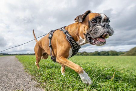 Playful young purebred boxer dog puppy playing outdoor on a sunny dayの写真素材