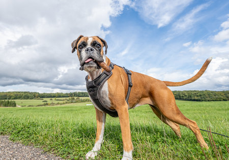 Playful young purebred boxer dog puppy playing outdoor on a sunny dayの写真素材