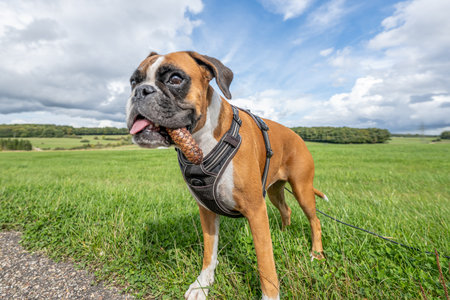 Playful young purebred boxer dog puppy playing outdoor on a sunny dayの写真素材