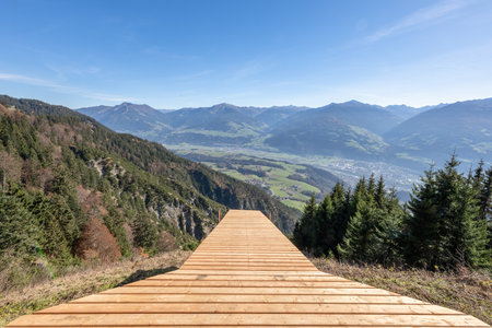 Innsbruck, Austrian wooden path paraglider take off spot from the top of Alps in Austriaの写真素材
