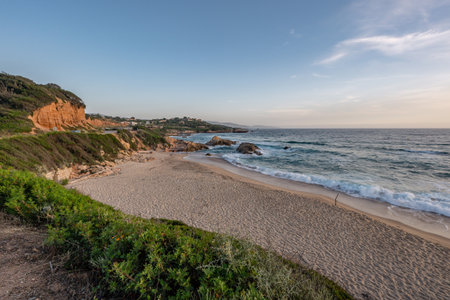 Sunset at Santana Beach view Golf at Sagone Corsica France beautyful sand Beach boats mountain...