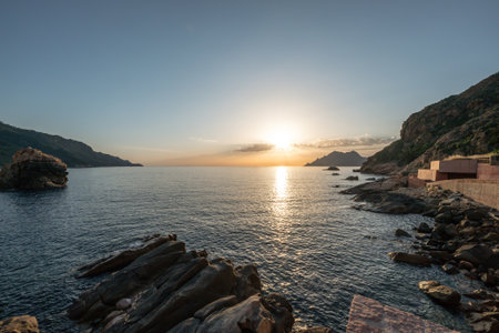 Sunset Westcoast Porto Corsica France medieval Town Mediterranean Sea Calanches de Pianaの写真素材
