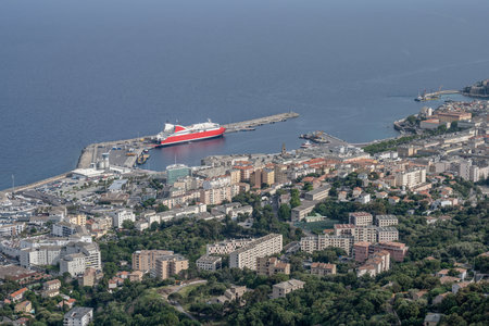 Aerial view Mountain Viewpoint of Bastia in the north of Corsica island - Genoese city overlooking the Mediterranean Seaの写真素材