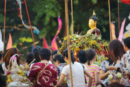 CHIANG MAI THAILAND  MAY 19 2015 : Inthakin festival is an annual event to worship the city pillar The pillar is a symbol of harmony blessing of city. Wat Chedi Luang Chiangmai Thailand.のeditorial素材