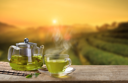 Green Tea cup and glass jugs or jars. with and Green tea leaf sacking on the wooden table and the tea plantations backgroundの写真素材