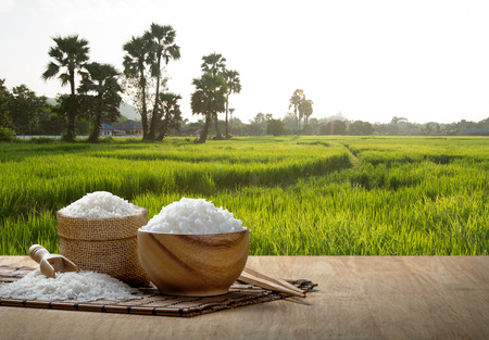 Jasmine rice and steamed rice in wooden bowl with the chopsticks on the wooden table with the plantation riceの写真素材