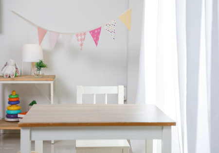 Positive minimalist and colorful room for kids and teenagers, Educational concept for school kids. Playroom decorrative for child at home.の写真素材