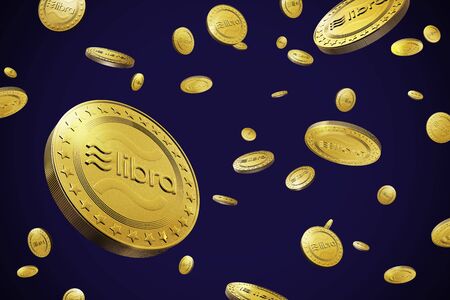 Libra Cryptocurrency digital golden coins Falling on blue background with center space, 3D rendering...