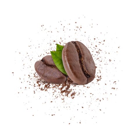 Roasted coffee beans with coffee powder studio shot isolated on white background, Healthy products by organic natural ingredients conceptの写真素材