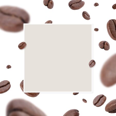 Flying whirl roasted coffee beans with copy space mockup templateの写真素材
