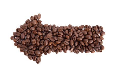 Roasted coffee beans in the shape of arrow studio shot isolated on white background, Healthy products by organic natural ingredients conceptの写真素材