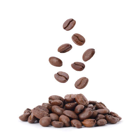 Flying whirl roasted coffee beans in the air studio shot isolated on white background, Healthy products by organic natural ingredients conceptの写真素材
