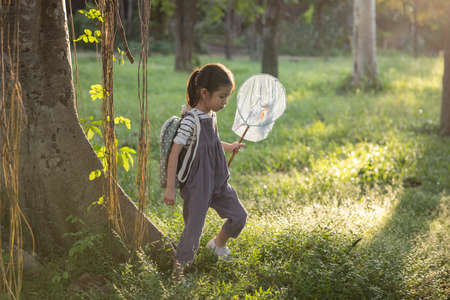 Cute little Asian girl in a field with insect net in her hand.