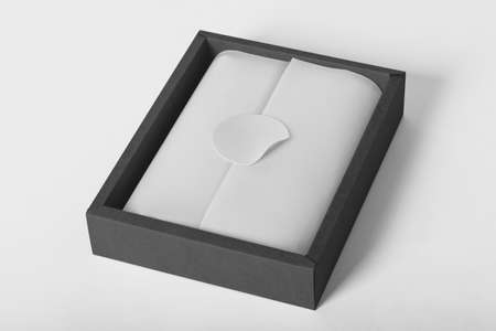 Sticker with cardboard box packaging mockup template with copy spaceの写真素材