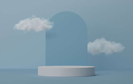 Abstract white round corner pedestal podium with cloud, Product display podium in blue sky, 3d rendering studio with geometric shapes, Cosmetic product minimal scene with platform, Stand to show products backgroundの写真素材