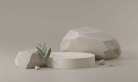 Abstract white round corner pedestal podium with stone and leaf, Product display podium in room, 3d rendering studio with geometric shapes, Cosmetic product minimal scene with platform, Stand to show products backgroundの写真素材