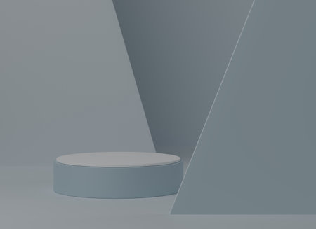 Blue round pedestal podium, Product display podium in room, 3d rendering studio with geometric shapes, Cosmetic product minimal scene with platform, Stand to show products backgroundの写真素材