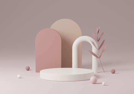 Abstract white round corner pedestal podium with leaf, Product display podium in room, 3d rendering studio with geometric shapes, Cosmetic product minimal scene with platform, Stand to show products backgroundの写真素材