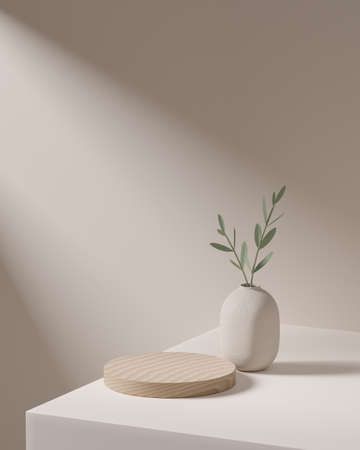 Wooden round corner pedestal podium with vase, Product display podium in room, 3d rendering studio with geometric shapes, Cosmetic product minimal scene with platform, Stand to show products backgroundの写真素材