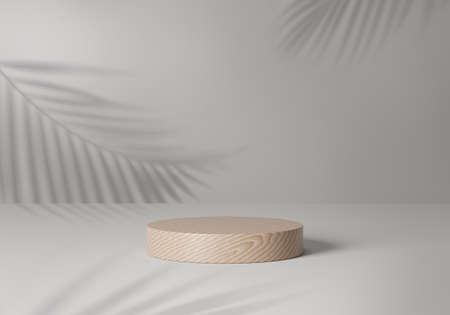 Wooden product display podium with leaf shadow, Cosmetic product minimal scene with platform, Stand to show products background, 3d rendering studio with free formの写真素材