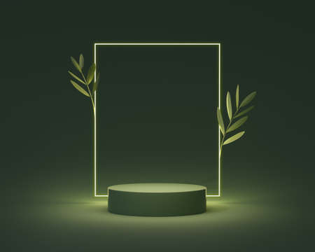 Cosmetic round podium or pedestal with leafs on green background, Abstract product display podium, 3d rendering studio with geometric shapes, Cosmetic product minimal scene with platformの写真素材