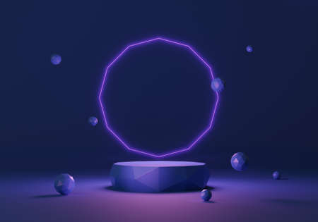 Cosmetic round podium or pedestal with Glowing background, Abstract product display podium, 3d rendering studio with geometric shapes, Cosmetic product minimal scene with platformの写真素材