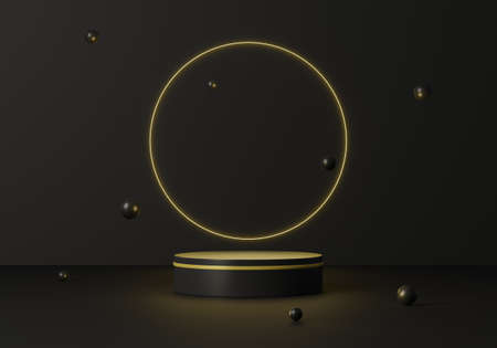 Cosmetic round podium or pedestal with Glowing background, Abstract product display podium, 3d rendering studio with geometric shapes, Cosmetic product minimal scene with platformの写真素材