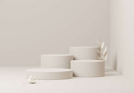 Cosmetic round podium or pedestal with leafs on white background, Abstract product display podium, 3d rendering studio with geometric shapes, Cosmetic product minimal scene with platformの写真素材