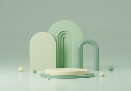 Cosmetic round podium or pedestal with green background, Abstract product display podium, 3d rendering studio with geometric shapes, Cosmetic product minimal scene with platformの写真素材
