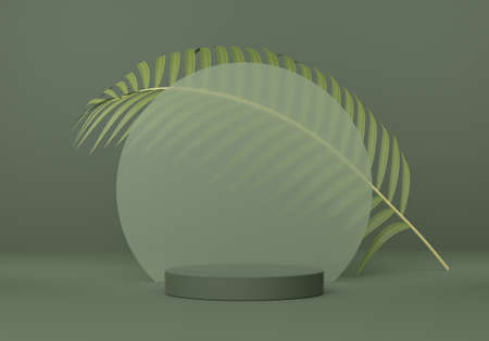 Round podium or pedestal with leafs on green background, Abstract product display podium, 3d rendering studio with geometric shapes, Cosmetic product minimal scene with platformの写真素材