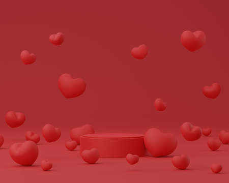 Cosmetic round podium or pedestal with hearts on red background, Abstract product display podium, 3d...