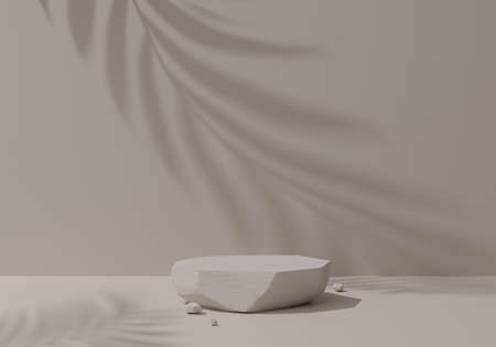 Cosmetic round podium or pedestal with leafs shadow background, Abstract product display podium, 3d rendering studio with geometric shapes, Cosmetic product minimal scene with platformの写真素材